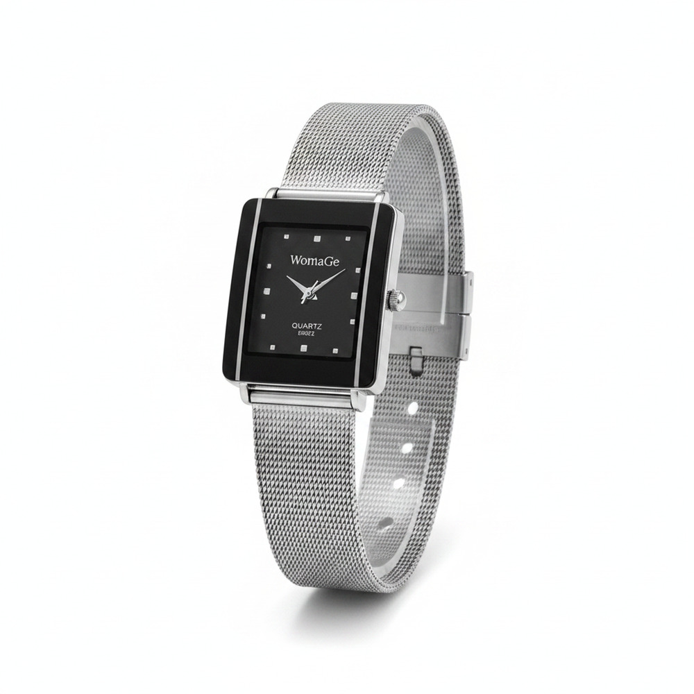 WoMaGe Womens Watch Black Dial Silver Case Mesh Bracelet Quartz 9366 Analog